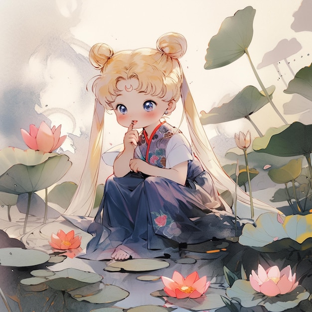 배경 생성 인공 지능에 연꽃이 있는 바위에 앉아 있는 애니메이션 소녀