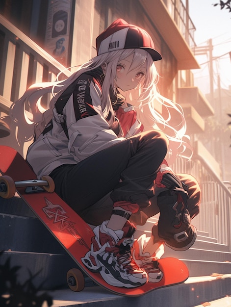 Anime girl sitting on a skateboard on a set of stairs generative ai