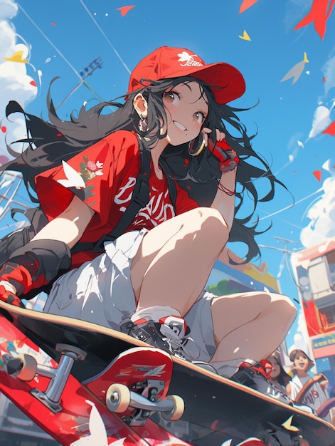 Premium AI Image  cute anime girl skateboarding at street