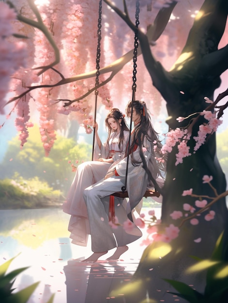 anime girl sitting on a swing with a man on the other side generative ai