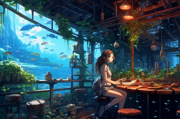 "Umi no Amano" Riblji Restoran Anime-girl-sitting-table-with-book-fish-tank-background-generative-ai_1028863-9581