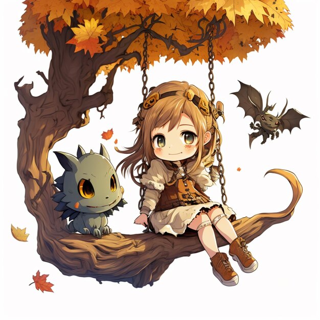 Anime girl sitting on a tree branch with a dragon and a cat generative ai