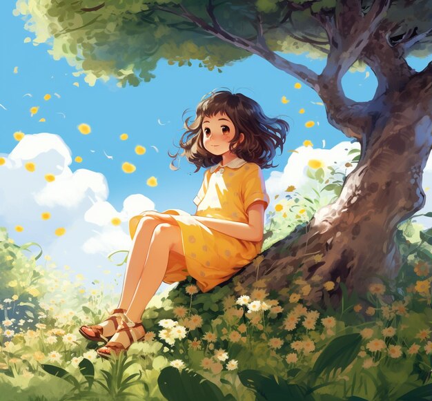 Anime girl sitting on a tree in a field of flowers generative ai