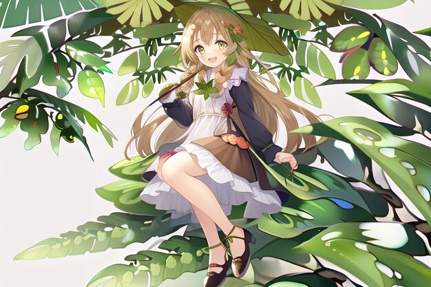 Anime girl sitting on a tree with leaves