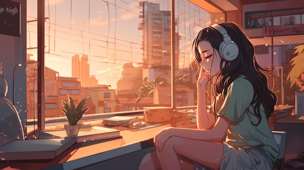 anime girl sitting on a window sill with headphones on generative ai