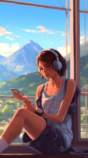 アニメの女の子が窓際に座ってヘッドフォンをかけ携帯電話を見ている