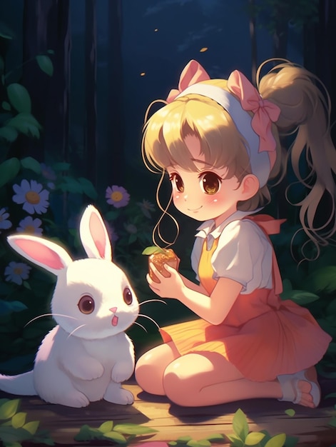 Anime girl sitting on a wooden platform with a white rabbit generative ai