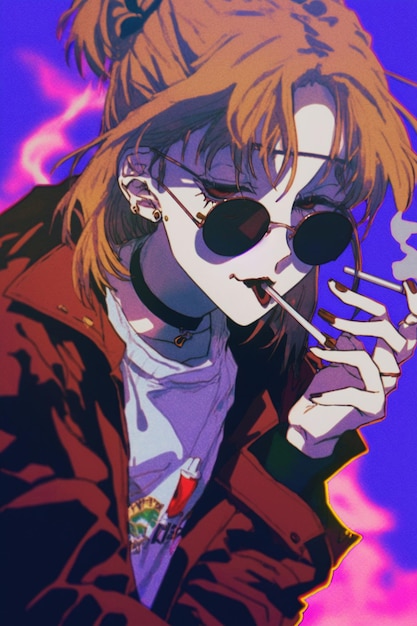 Anime girl smoking a cigarette with a red shirt and black sunglasses.