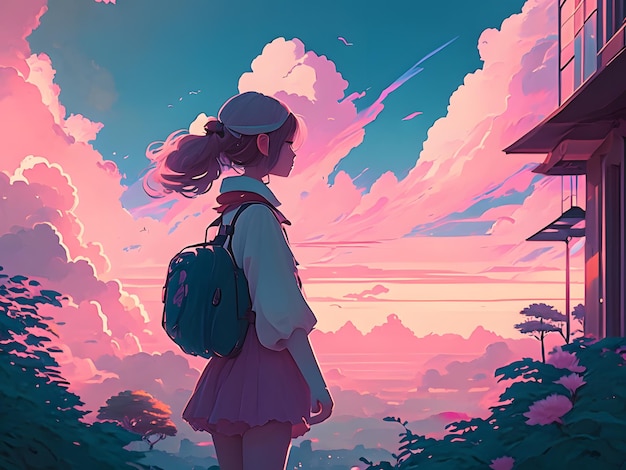 anime girl standing alone under beautiful sky scenery