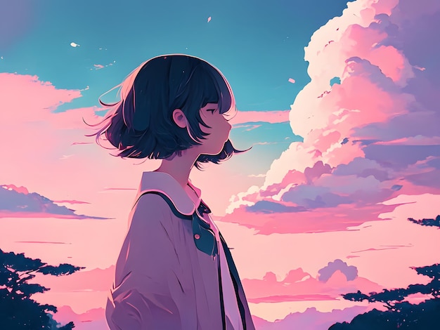 anime girl standing alone under beautiful sky scenery