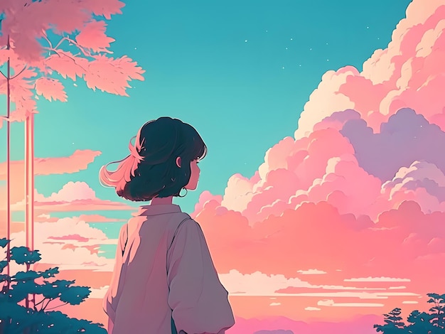 anime girl standing alone under beautiful sky scenery