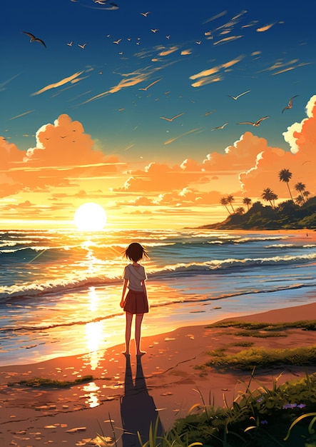 Anime girl standing on the beach watching the sun set generative ai