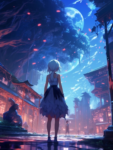 Anime girl standing in a city at night with a full moon in the background generative ai