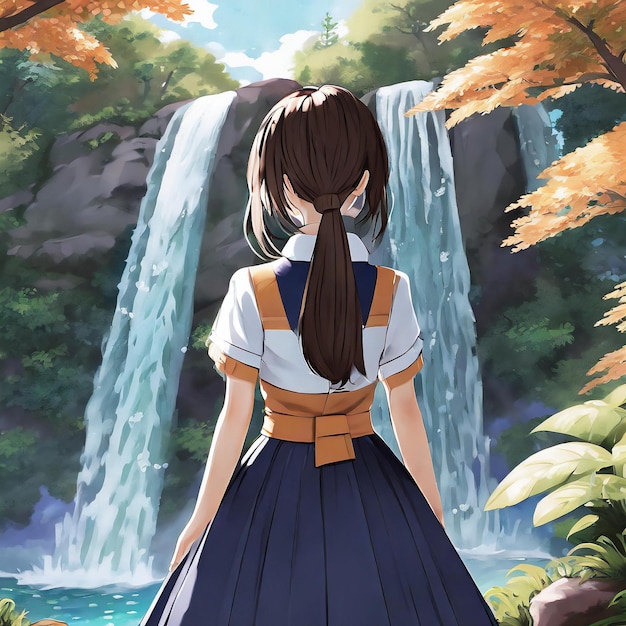 anime girl standing infront of water fall