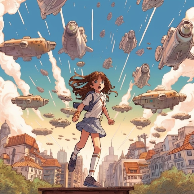 Anime girl standing on a ledge with a bunch of flying objects in the background generative ai