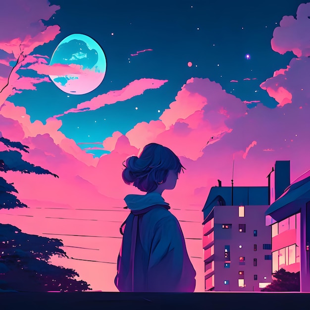 anime girl standing under night sky