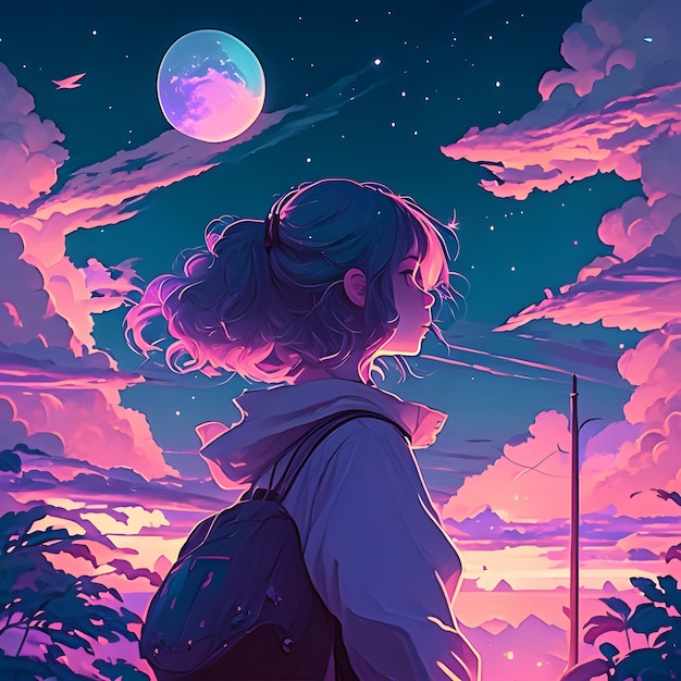 anime girl standing under night sky