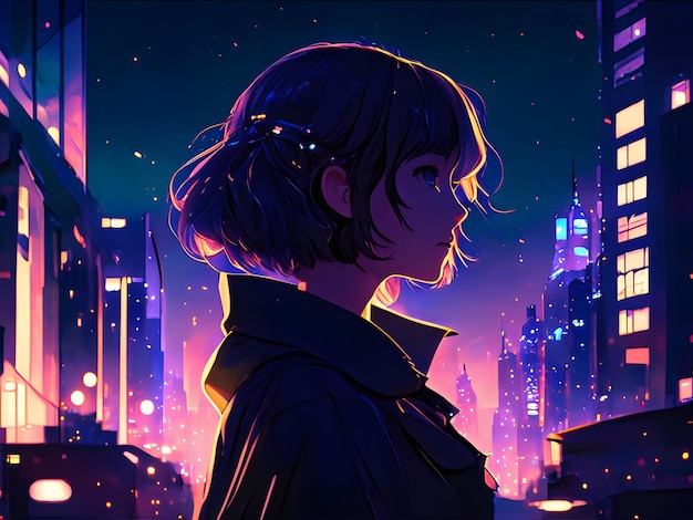 anime girl standing under night sky