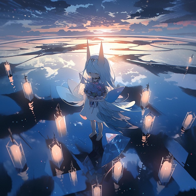 feeling free and flying, anime girl flying over a city, peaceful manga artwork, generative ai technology Stock Illustration
