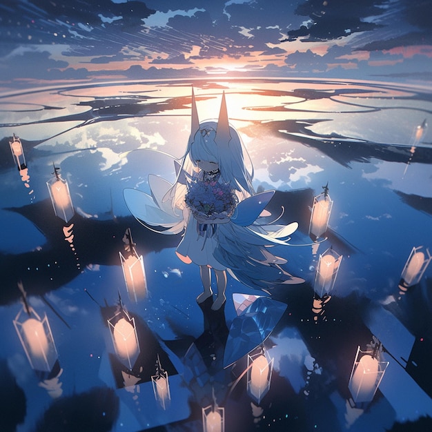 Anime girl standing on a platform with lanterns in the sky generative ai