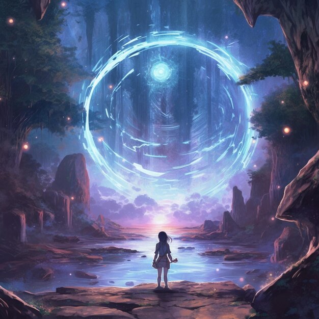 Anime girl standing on a rock looking at a giant blue ring generative ai