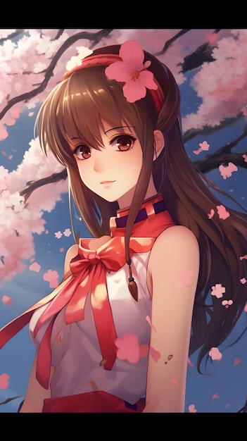 An anime girl stands beneath a blooming sakura