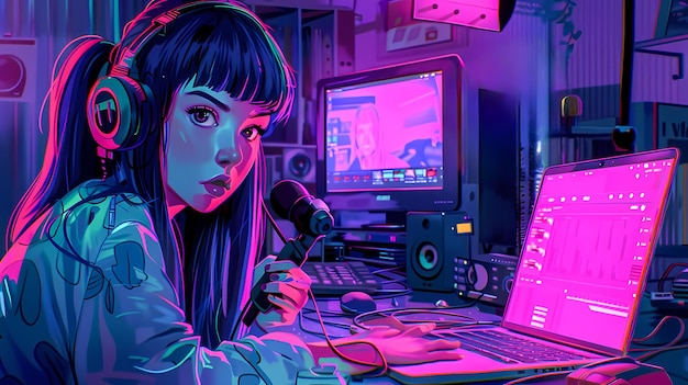 Photo anime girl streaming from her room neon illustration