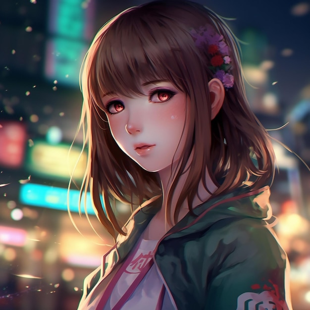 Anime girl in street green jacket red eye flower on brown hair