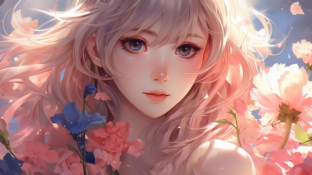 Anime girl style flowers playground painting wallpaper image AI generated art