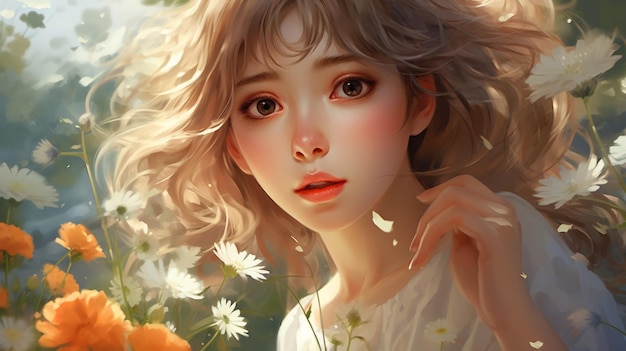 Anime girl style flowers playground painting wallpaper image AI generated art