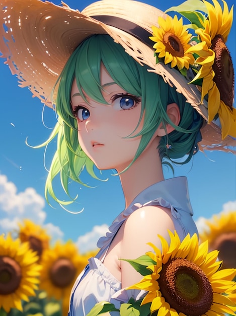 Anime girl with a straw hat in a sunflower field Poster for Sale