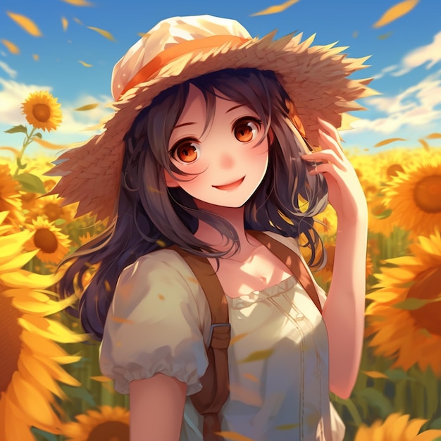 Anime girl in a sunflower field with a straw hat generative ai