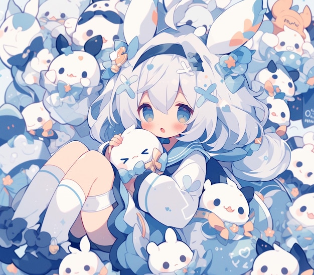 anime girl surrounded by many white and blue cats generative ai