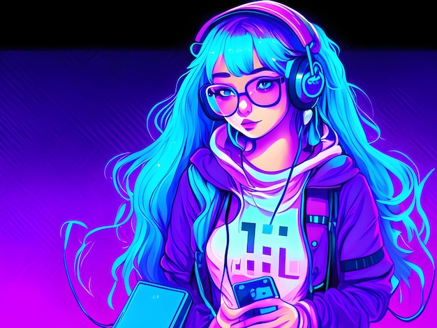 Anime girl synthwave illustration