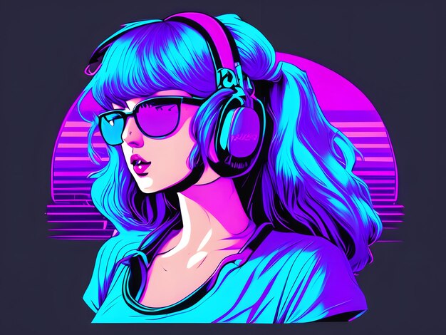 Anime girl synthwave illustration