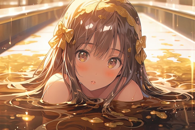 Anime girl taking chocolate bath manga style illustration generative ai