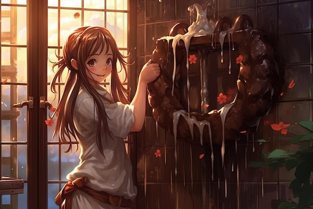 Anime girl taking chocolate shower manga style illustration generative ai