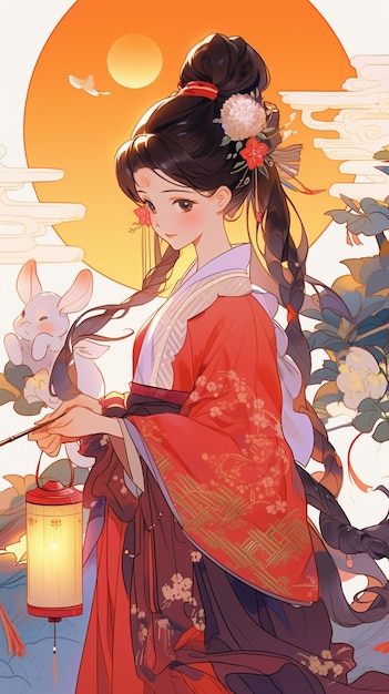 anime girl in traditional dress holding a lantern and looking at a bird generative ai