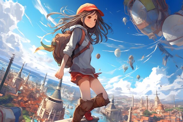 Photo anime girl traveling the world