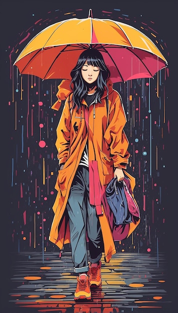 Anime girl under an umbrella in the rain