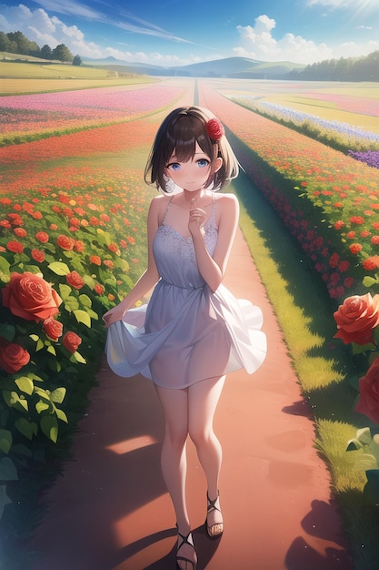 Anime girl walking down a path of flowers