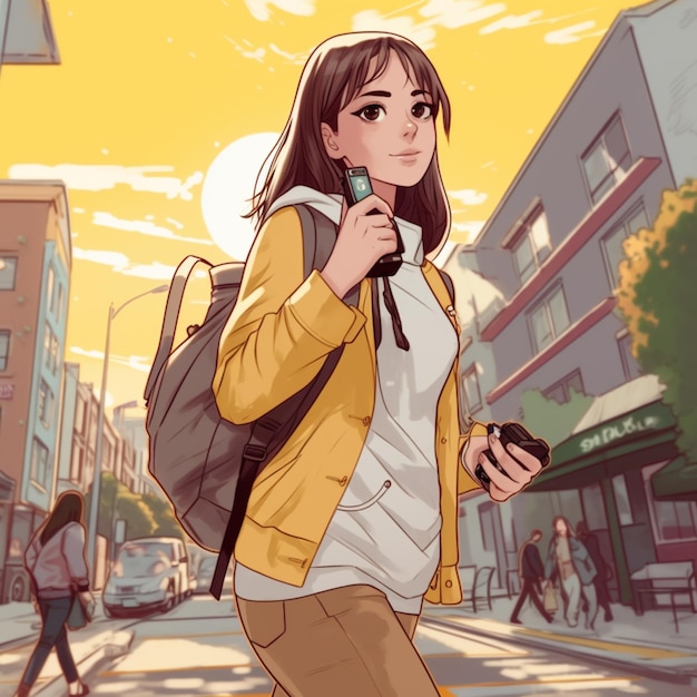 anime girl walking down the street with a backpack and cell phone generative ai