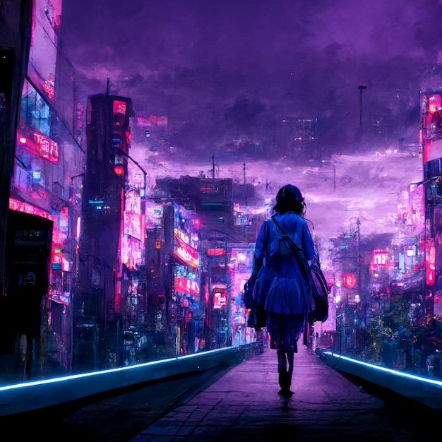 Anime girl walking in purple neon city