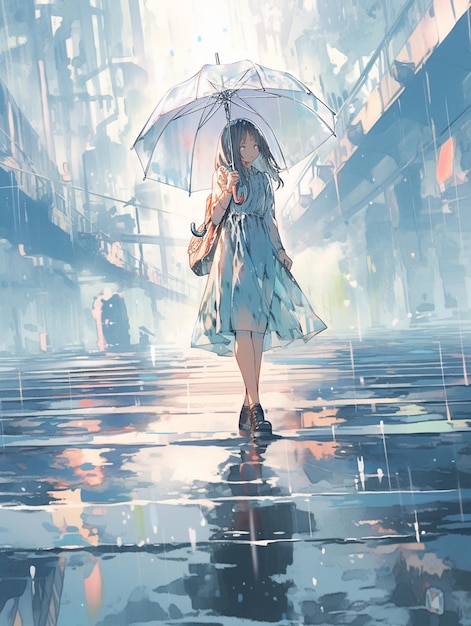 anime girl walking in the rain with an umbrella generative ai