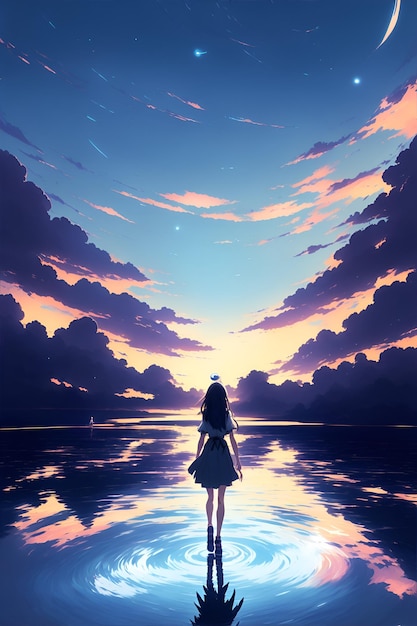 Premium Photo | Anime girl walking on the water