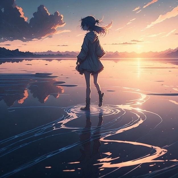 Anime girl walking on water