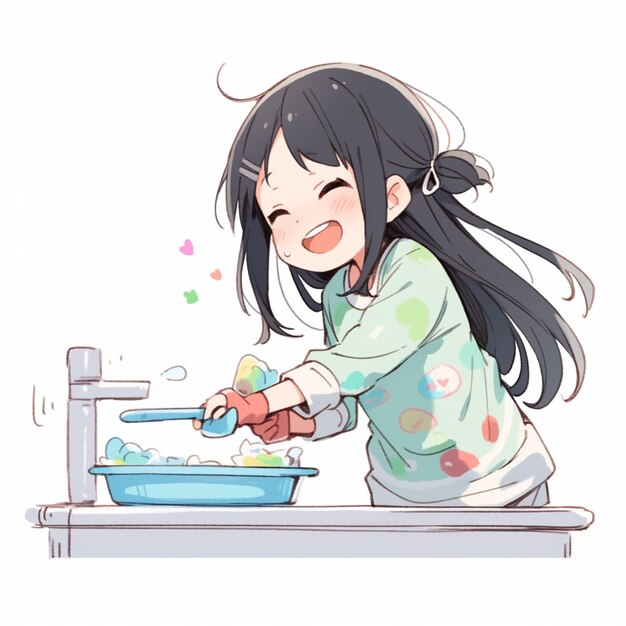 Photo anime girl washing dishes in a sink with a spoon generative ai