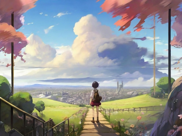 Аниме девушка смотрит красивый город цифровое искусство живопись аниме искусство графика фон аниме персонажи аниме обои мультфильм девушка фантазия