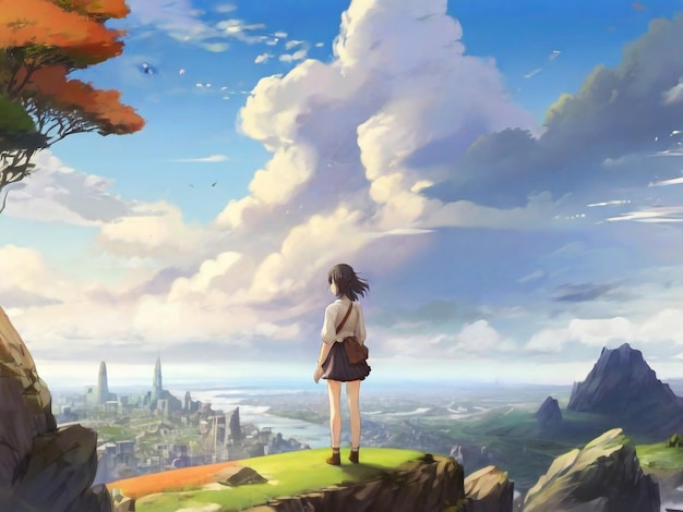 anime girl watching the beautiful city digital art painting anime art Graphics backgrounds anime characters anime wallpapers cartoon girl fantasy