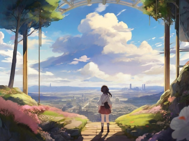 anime girl watching the beautiful city digital art painting anime art Graphics backgrounds anime characters anime wallpapers cartoon girl fantasy